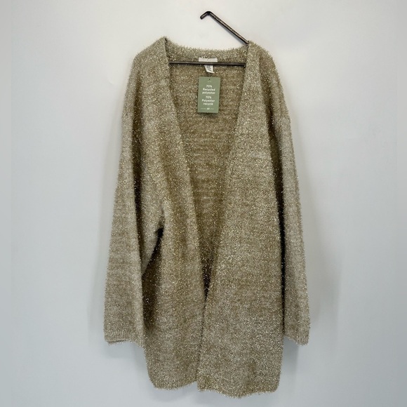 H&M Fuzzy Sparkly Glittery Textured Wide Sleeve Slouchy Cardigan In Beige Gold - Picture 1 of 8